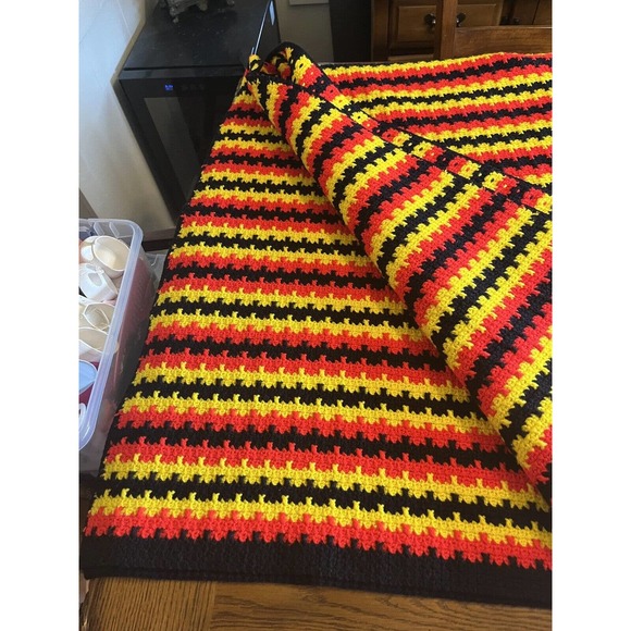 Vintage 70s MCM Striped Acrylic Knit Afghan Blanket Yellow Red Orange Navy - Picture 6 of 8